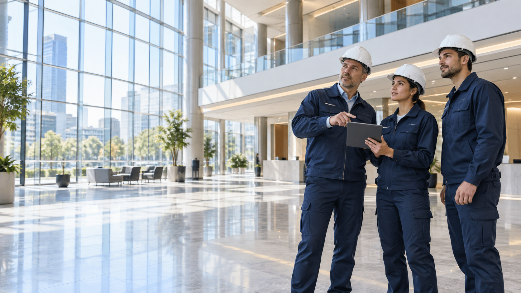 Professional facility team reviewing a commercial building